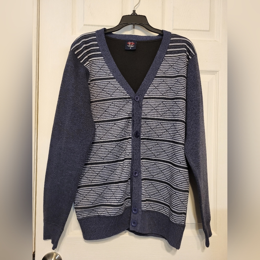 Cambridge Classic Mens Cardigan Sweater Medium Blue Stripped